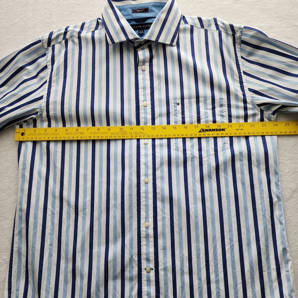 Tommy Hilfiger Button Up Shirt Mens XL Blue White Striped Trim Fit Formal Event - Picture 7 of 12